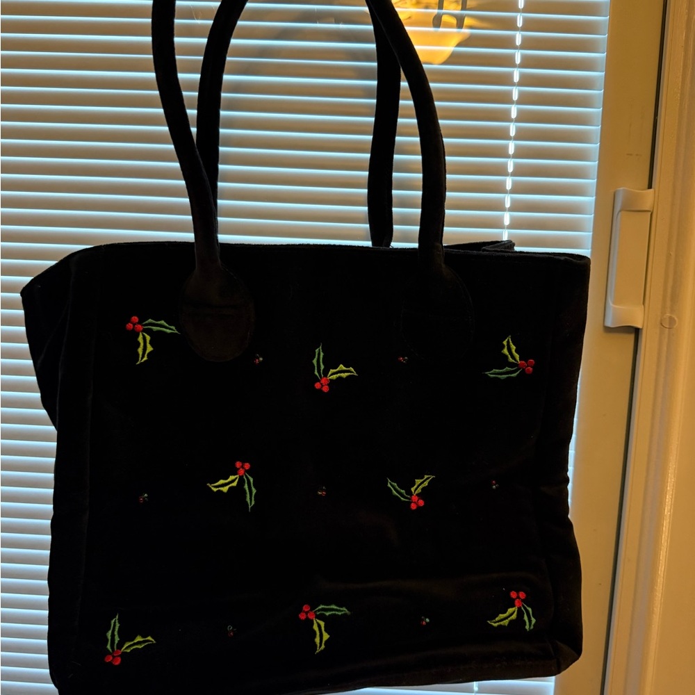Holiday Black Textured Tote with Holly Embroidery